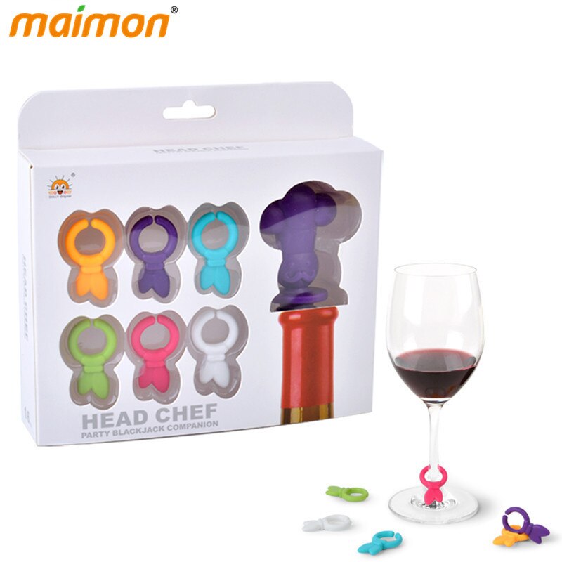 6 + 1pcs / lot Ǹ  丮   Ŀ Ʈ  í ̺   Ŭ Ŀ Ƽ ׼/6+1pcs/lot Silicone Small Chef Wine Cup Marker Set Drinking Buddy Charms Label